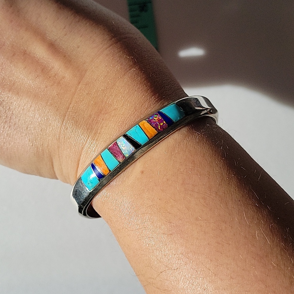 Heavy Native American Inlaid Multi Stone Sterling Silver Cuff